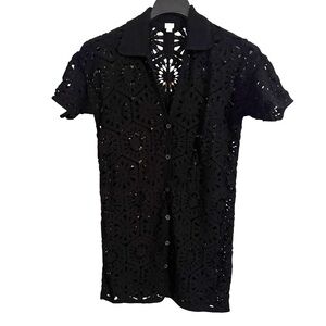 LOFT Beach Black Crochet Oversized Short Sleeve Button-Down Mini Dress Sz S $100